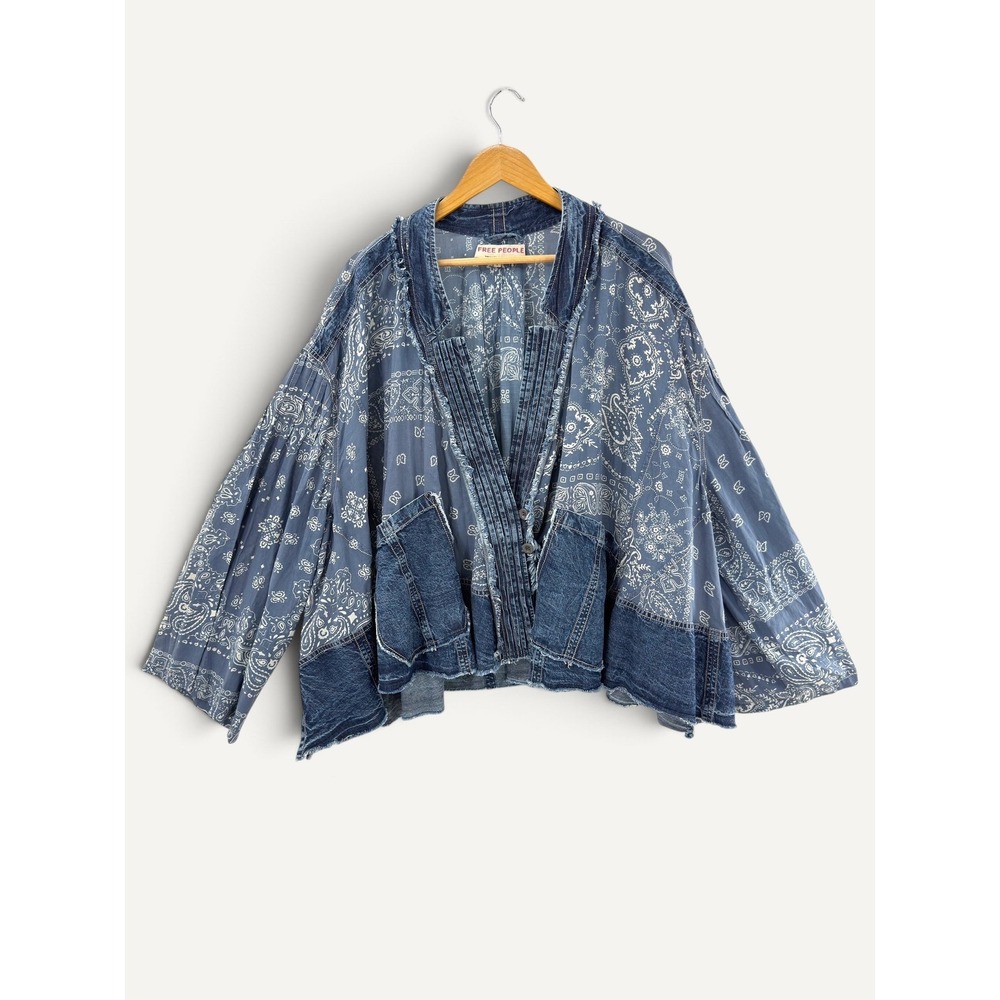 Free People Bandana Dreams Bed Jacket L Patchwork Boho Western Oversized Indigo